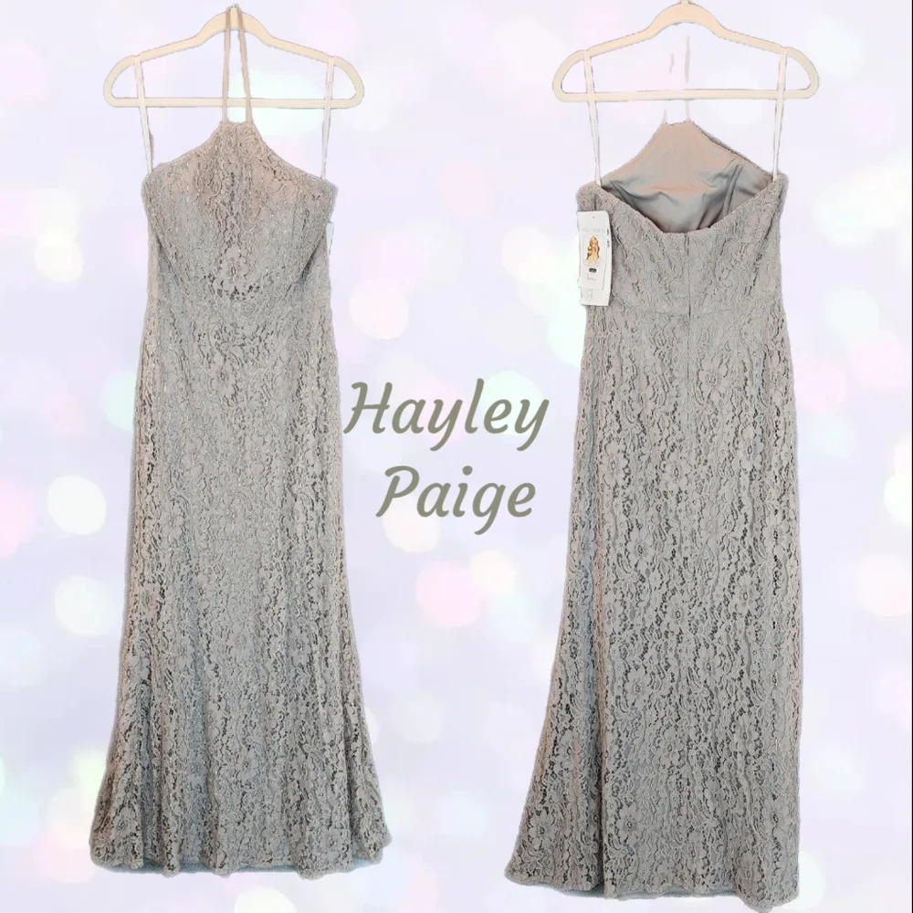 Hayley Paige Maxi Dress Womens Sz 8 Haze Corded Floral Lace Halter Hook & Loop